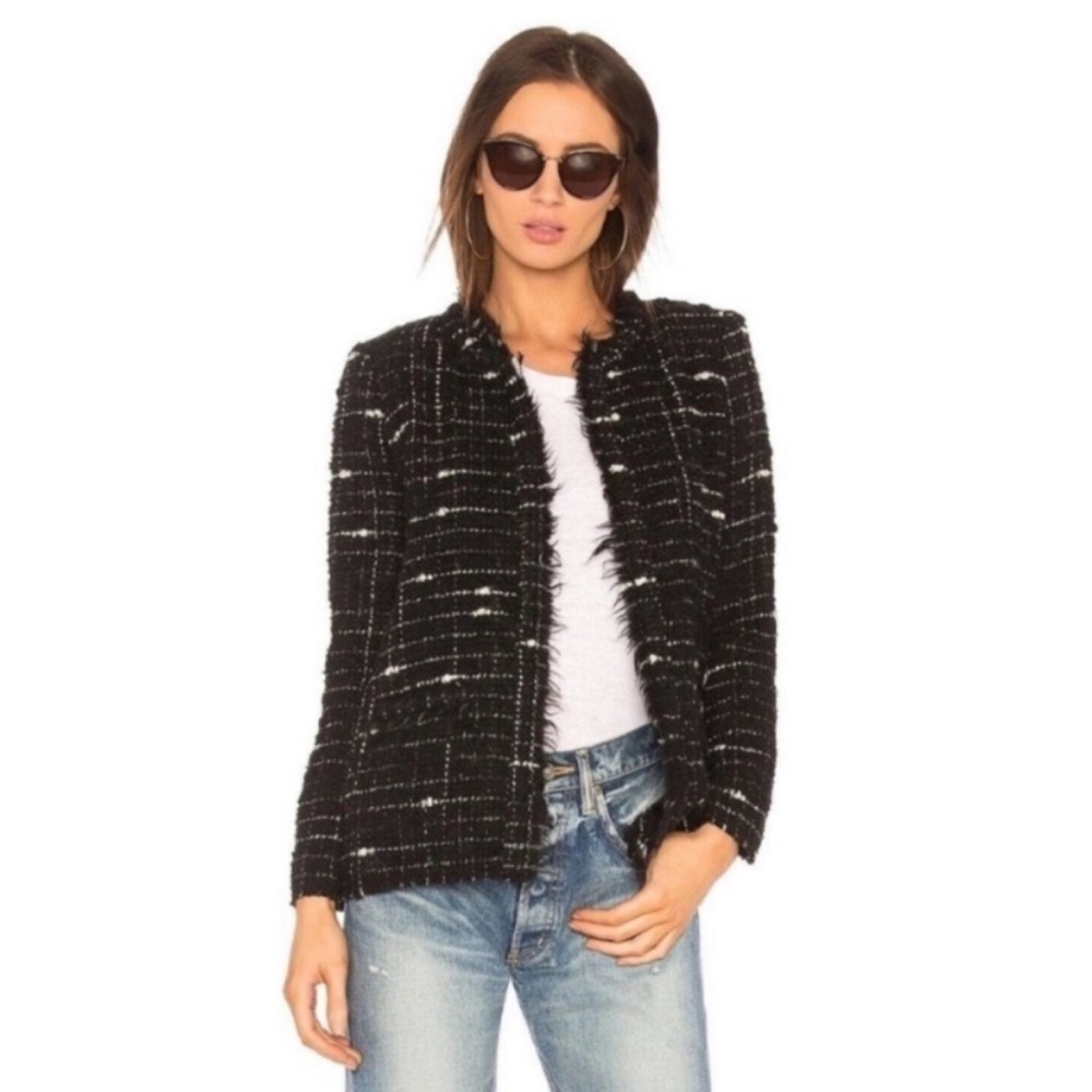 ✅ IRO Tweed Jacket Espo Boucle Tweed Fray in Black White - Picture 3 of 7